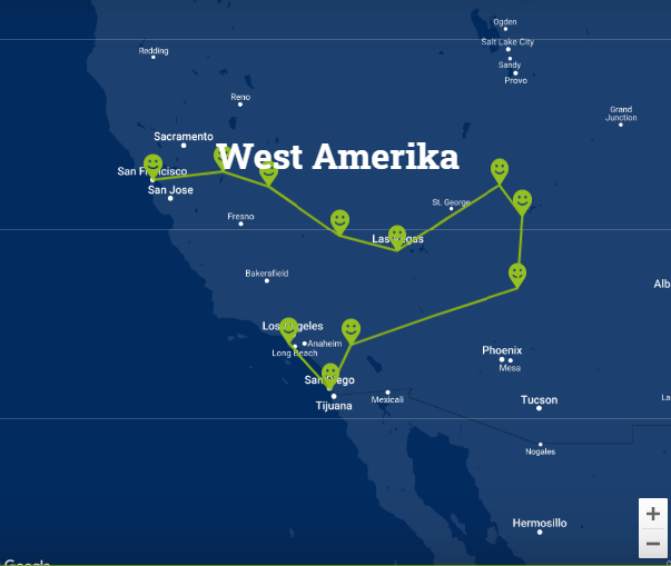 Travelnauts Kaartje rondreis West Amerika Rondreis  West-Amerika  30pluskids kaart