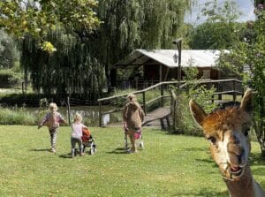Kinderen met poppenwagen over het terrein van Domaine Ramonjavel.