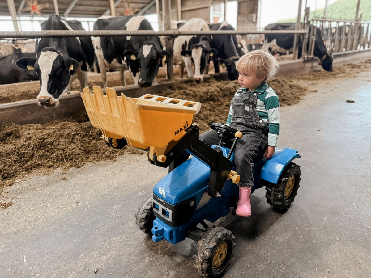 Jongetje op tractor in de koeienstal bij Logeer & Sfeer op de grens van de Achterhoek en de Veluwe