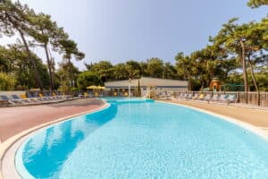 Verwarmd zwembad met kinderbad op Camping Le Bois de la Gachère, omringd door dennenbomen in de Vendée